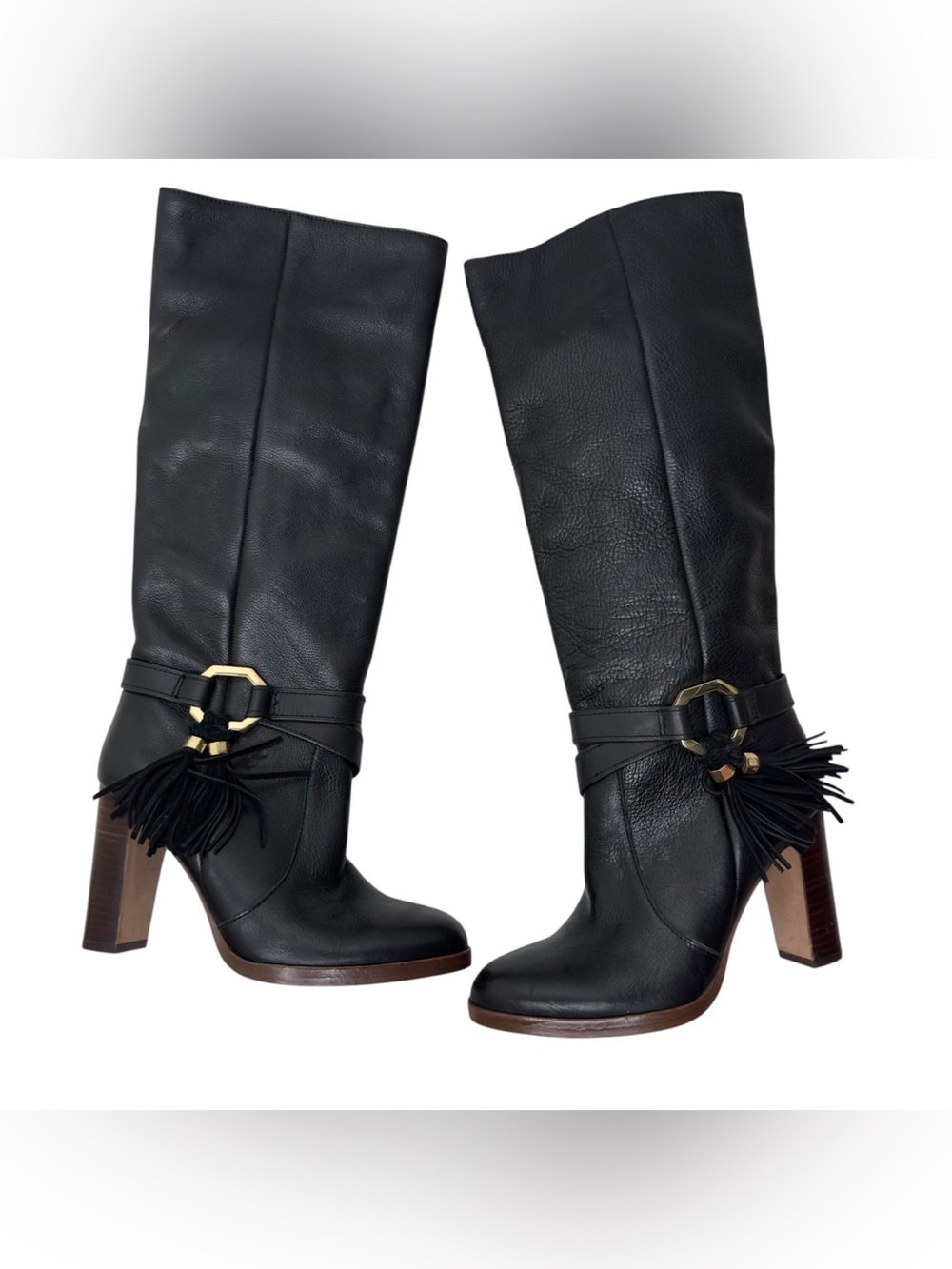 Louise et Cie Black Leather Tassel Mid-Calf Boots with Gold Accents